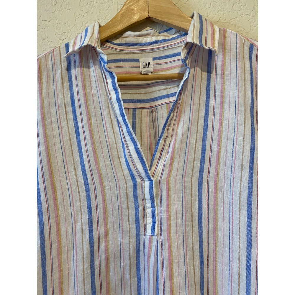 Gap Multicolor Stripe Boyfriend Tunic Shirt Size XS Rainbow 100% Linen Beach - Picture 4 of 11